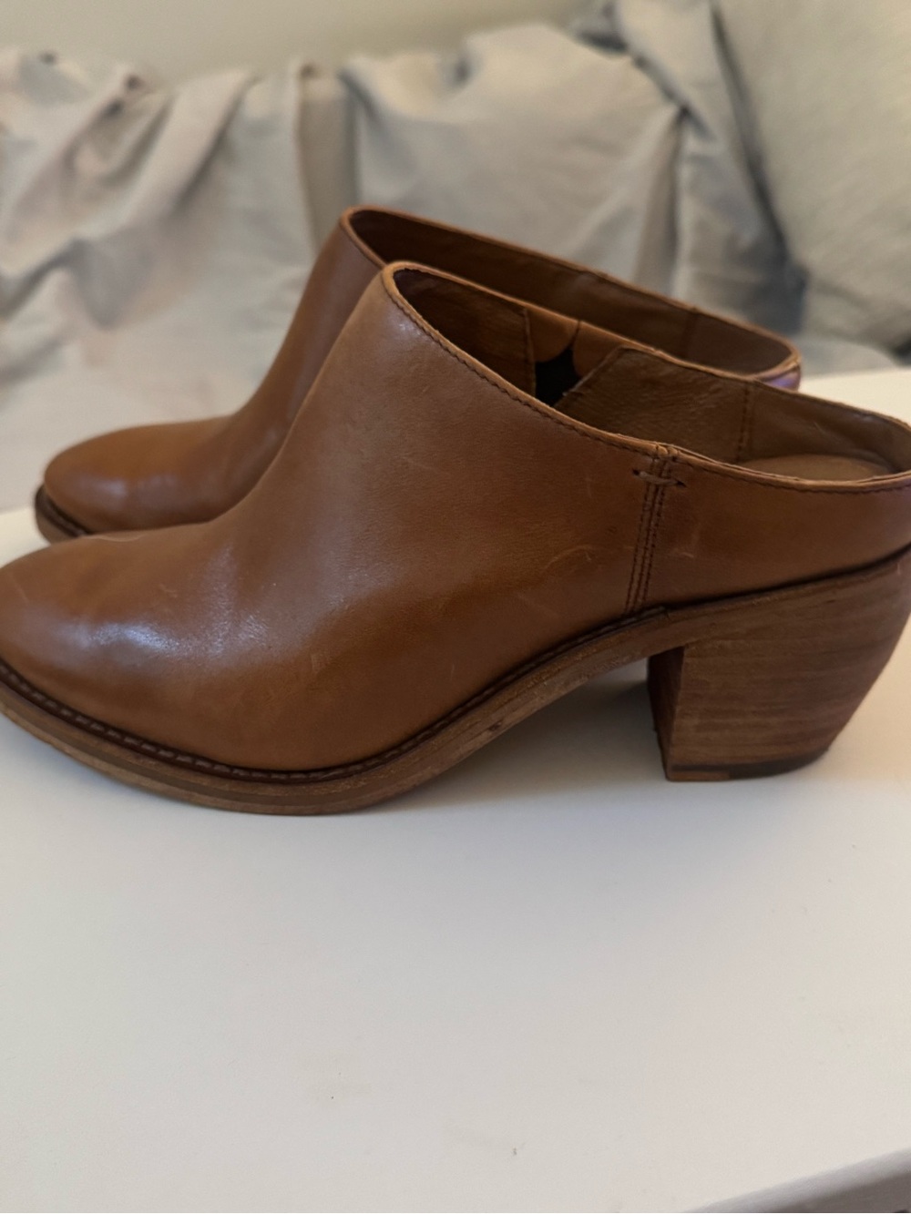 Frye Women's Tan Leather Slip-On Block Heel "Rosalia" Mules